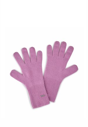 Par de guantes rosa tejidos con puños acanalados y pequeña etiqueta rectangular de metal de la marca sobre fondo blanco.