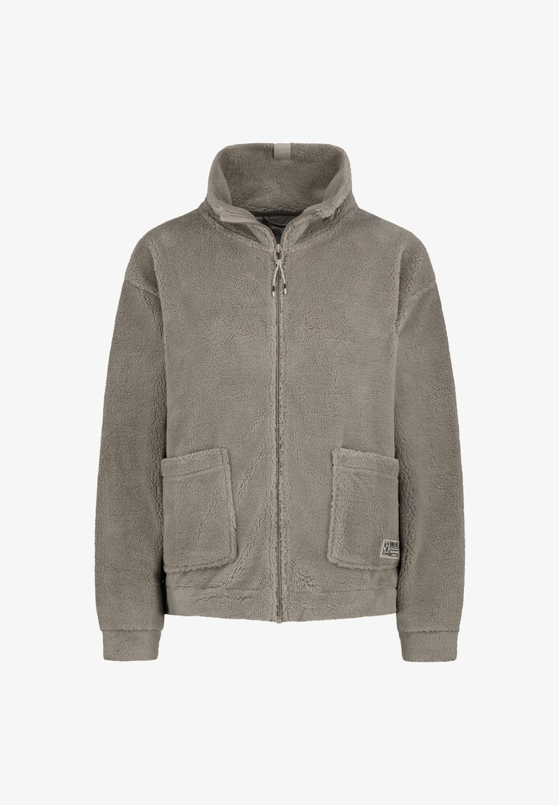 Graue Fleecejacke mit hohem Kragen, Frontreißverschluss, zwei großen Taschen und gerippten Bündchen. Weiche Textur und lässiges Design.