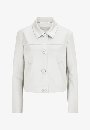 Hellegraue, taillierte Jacke mit Kragen, vorderer Knopfverschluss und zwei seitlichen Taschen; besitzt eine glatte Textur und feine Nähdetails.