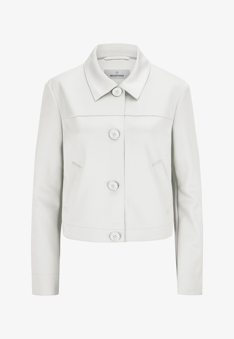 Hellegraue, taillierte Jacke mit Kragen, vorderer Knopfverschluss und zwei seitlichen Taschen; besitzt eine glatte Textur und feine Nähdetails.