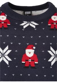 Pull en maille bleu marine avec des motifs de Père Noël et des flocons de neige blancs, doté d'un col rond côtelé et d'une texture douce.
