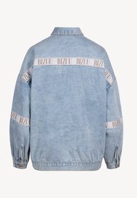 Light blue denim jacket with white horizontal stripes featuring "BIZUU" text across back and sleeves, buttoned cuffs, and a loose fit.