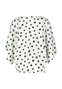 Weiße Bluse mit lockerer Passform, weiten Ärmeln und einem schwarz-grünen Punktmuster. Glatte Textur und minimalistisches Design.