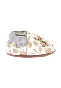 Chaussures pour bébé en cuir souple avec une base beige clair, un motif floral et une broderie en forme de pastèque rose. Collier gris élastiqué pour un enfilage facile.