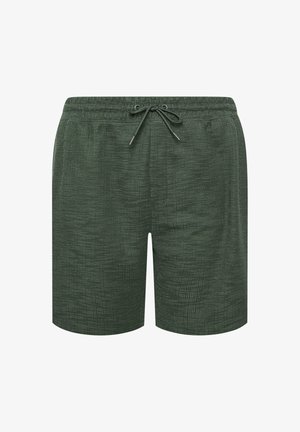 Donkergroene gestructureerde herenshorts met elastische tailleband en verstelbare trekkoordsluiting aan de voorkant.