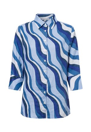 Blue and white button-up shirt featuring a wavy pattern in various shades of blue, with a collar and three-quarter sleeves.