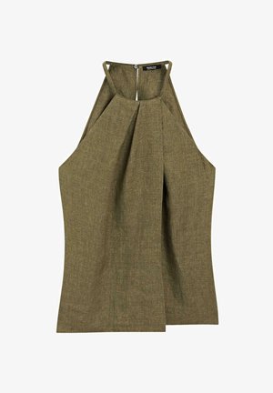 Olivgrön ärmlös topp med halterneck-design, som har vertikala veck och en subtil textur. Dragkedja bak.