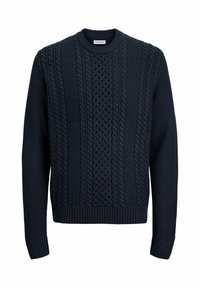 Pull en tricot bleu marine avec un design en bouclettes, motifs texturés, col rond et poignets et ourlet côtelés. Tissu doux avec un tissage épais.