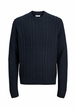 Sötétkék kötött pulóver, amely kábelmintás dizájnnal, texturált mintákkal, kerek nyakkivágással, valamint bordázott mandzsettákkal és alul záródással rendelkezik. Puha anyag, amely vastag szövésű.