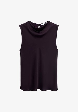 Ärmlös topp i mörklila, gjord av slät tyg. Har en draperad halsringning och en nyckelhålbak med en liten knappknäppning.