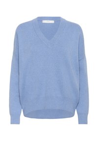 Világoskék V-nyakú pulóver puha anyagból, laza szabással, leengedett vállvarrással, bordázott mandzsettákkal és szegéllyel.