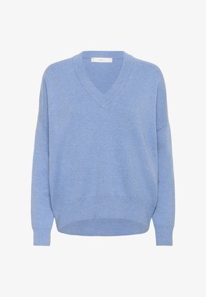 helehele sinine V-kaelusega kampsun, valmistatud pehmest kangast, pakub lõdvestunud istuvust, millel on langetatud õmblused ja soonilised varrukasuuted ning alläär.