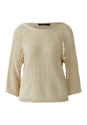 Beiger Strickpullover mit einfarbigem Vorder- und Rückenteil, durchbrochenem Spitzenmuster an dreiviertellangen Ärmeln und rundem Ausschnitt.