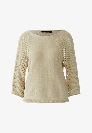 Beiger Strickpullover mit einfarbigem Vorder- und Rückenteil, durchbrochenem Spitzenmuster an dreiviertellangen Ärmeln und rundem Ausschnitt.
