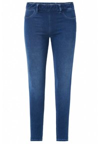 Tmavě modré džínsy se pružným pasem, slim fit a dvěma předními kapsami. Tkanina má hladkou texturu a klasický denimový vzhled.