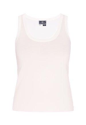 Canotta bianca senza maniche in cotone con scollatura a barca, texture liscia e design semplice. Cuciture piatte e branding sottile sull'etichetta.