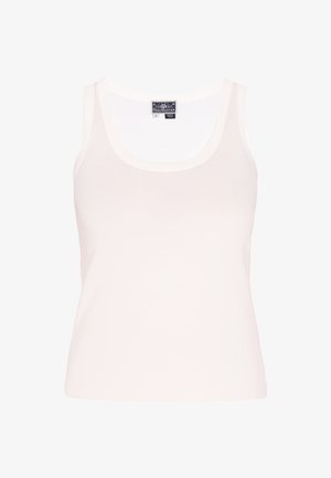 Witte mouwloze katoenen tanktop met een ronde hals, gladde textuur en eenvoudig ontwerp. Platte naden en subtiele branding op het label.