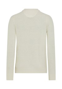 Maglione chiaro in crema, collo a coste, maniche lunghe, lavorazione a maglia testurizzata con strisce orizzontali alternate, tessuto leggero, colore uniforme.