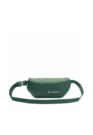 Sac banane vert foncé avec sangle réglable, compartiment principal zippé et logo Vaude blanc au centre avant.