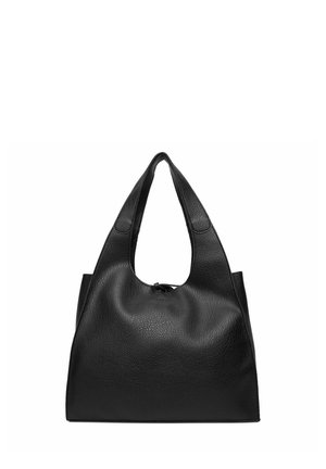 Borsa tote in pelle nera texturizzata con ampi doppi manici e design minimalista e non strutturato.