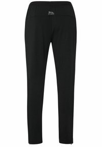 Schwarze Sporthose mit elastischem Bund, glatter Textur, kontrastierendes Berg-Logo oberhalb des Rückens. Eng anliegendes Design mit knöchellangem Schnitt.