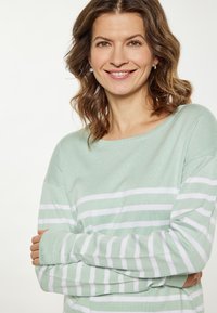 Maglione a righe verde chiaro con strisce orizzontali bianche, maniche lunghe, vestibilità ampia e scollo ampio, realizzato in un morbido materiale a maglia.