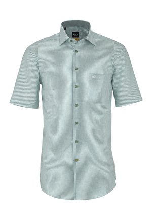 Herren-Kurzarmhemd mit grünen und weißen vertikalen Streifen und einer Brusttasche auf der linken Seite.