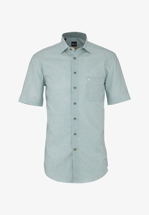 Herren-Kurzarmhemd mit grünen und weißen vertikalen Streifen und einer Brusttasche auf der linken Seite.