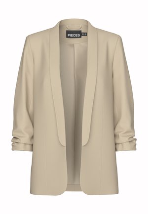 Beige blazer with a shawl collar and open front. Soft, smooth texture; 3/4 length sleeves with a gathered detail. No fastenings.