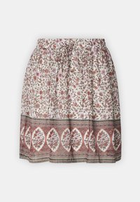 Kukkakuvioinen hame, jossa joustava vyötärönauha. Valkoinen pohja, jossa vaaleanpunaisia, ruskeita ja punaisia kukkia. Helmassa yksityiskohtainen kuvioitu reunus.