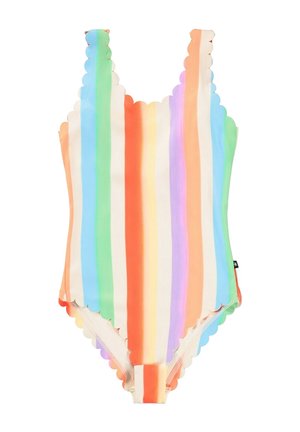 Kostium kąpielowy w wielokolorowe paski z falistymi brzegiami, wykonany z gładkiej tkaniny. Kolory obejmują pomarańczowy, zielony, niebieski, fioletowy i kremowy.