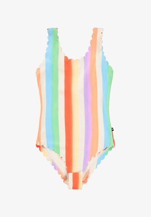 Costume da bagno a righe multicolore con bordi smerlati, realizzato in tessuto liscio. I colori includono arancione, verde, blu, viola e crema.