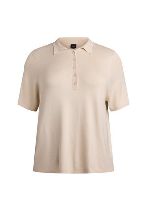 Beige poloshirt med korte ærmer, blødt stof, klassisk krave, fem-knaps lukning og en afslappet pasform. Ensfarvet design uden mønstre.