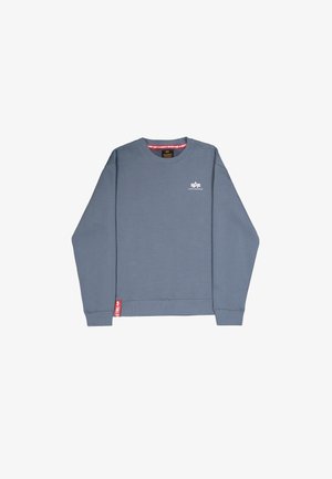 Hanorac de culoare albastru deschis realizat din bumbac. Are un guler rotund, mâneci lungi, tiv elastic și o etichetă roșie pe lateral cu detalii ale logo-ului.