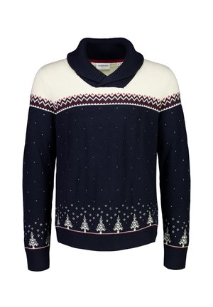 Pull marin bleu avec un col écru, motifs géométriques, arbres blancs et flocons de neige. Poignets et taille côtelés. Fabriqué en tissu tricoté.