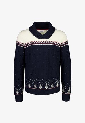 Mørkeblå sweater med en lys krave, geometriske mønstre, hvide træer og snemænd. Ribkantede cuffs og talje. Fremstillet af strikket stof.