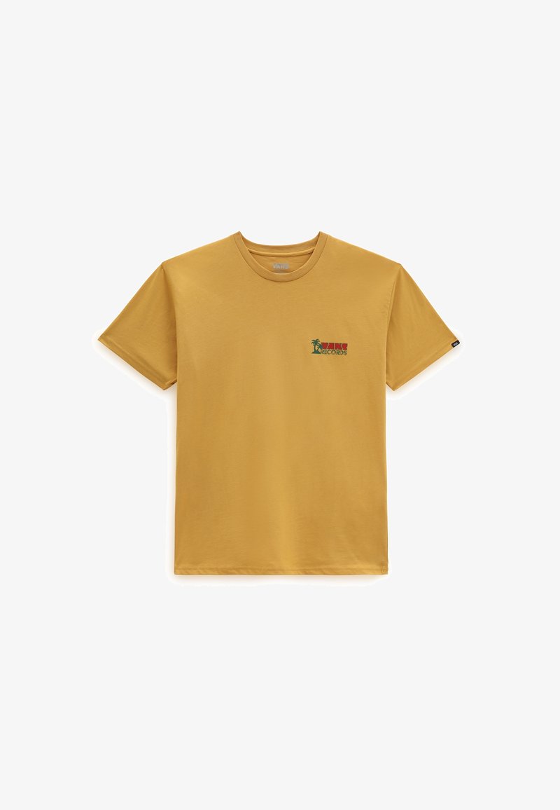 T-shirt à manches courtes jaune moutarde avec petit logo "Vans Records" et graphique de palmier sur le côté gauche de la poitrine.