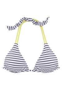 Gestreepte triangeltop bikini met witte en zwarte strepen, gele gevlochten banden en ruches langs de randen.