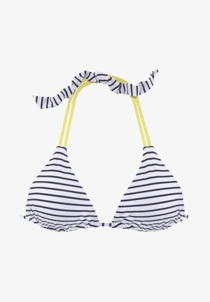 Gestreifter Triangel-Bikini-Oberteil mit weißen und schwarzen Streifen, gelben geflochtenen Trägern und Rüschendetails entlang der Kanten.