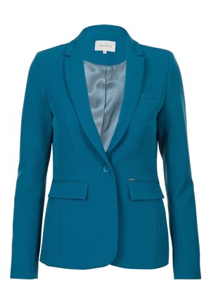 Blazer femme bleu sarcelle ajusté avec un bouton, doublure intérieure en satin, col cranté et deux poches avant à rabat.