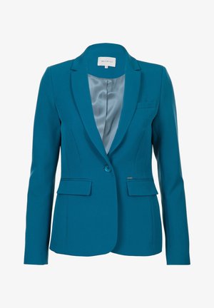 Blazer femme bleu sarcelle ajusté avec un bouton, doublure intérieure en satin, col cranté et deux poches avant à rabat.
