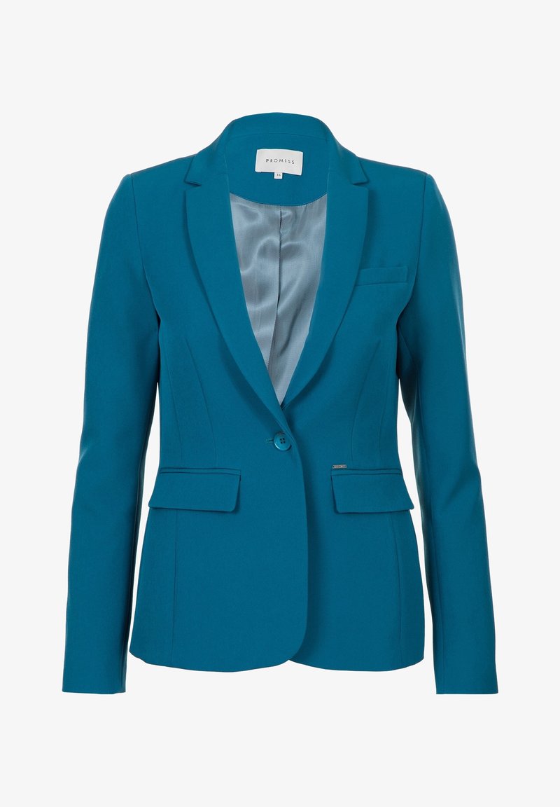 Blazer femme bleu sarcelle ajusté avec un bouton, doublure intérieure en satin, col cranté et deux poches avant à rabat.