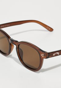 Braungetönte Sonnenbrille mit einem Schildpatt-Rahmen, die ein rundes Design und Logo-Akzente am Bügel aufweist. Glatte Textur und glänzende Oberfläche.