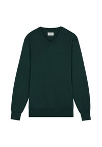Groene v-hals trui gemaakt van zacht materiaal. Lange mouwen met ribgebreide manchetten en zoom. Klein logo detail op de borst.
