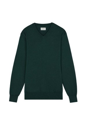 Grøn v-hals sweater lavet af blødt materiale. Lange ærmer med ribbede manchetter og kant. Lille logo detalje på brystet.