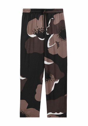 Pantaloni neri con stampa floreale marrone oversize, caratterizzati da dettagli bianchi. Tessuto morbido, vita elastica con cordoncino e gamba tapered.