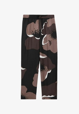 Mustad püksid, millel on ülepaisutatud pruuni lillemustri, sisaldades valgeid aktsente. Pehme kangas, elastne vöökoht koos paelaga ja kitsenevad sääred.