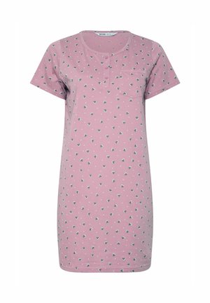 Camisón rosa de manga corta con pequeño patrón de corazón verde y puntos blancos, escote redondo, tapeta abotonada y bolsillo en el pecho.