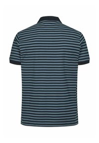Polo à manches courtes avec des rayures horizontales bleu marine et bleu clair, col uni bleu marine et bordures de manches, vu de dos.