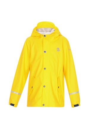 Żółta wodoodporna kurtka przeciwdeszczowa z kapturem, z zapięciem na napy, dwoma przednimi kieszeniami i odblaskowymi paskami na rękawach. Gładka tekstura, lekki materiał.